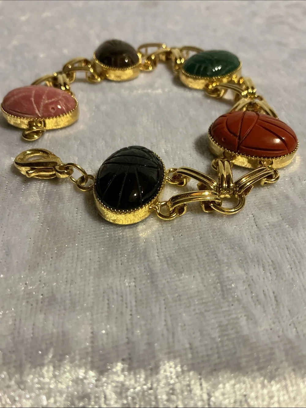 Gold Link Bracelet with Multicolor Scarab Cabochons